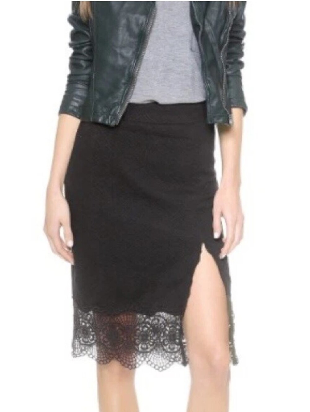 Free People Black Story Teller Quilted Pencil Skirt with Lace Hem & Slit Size XS
